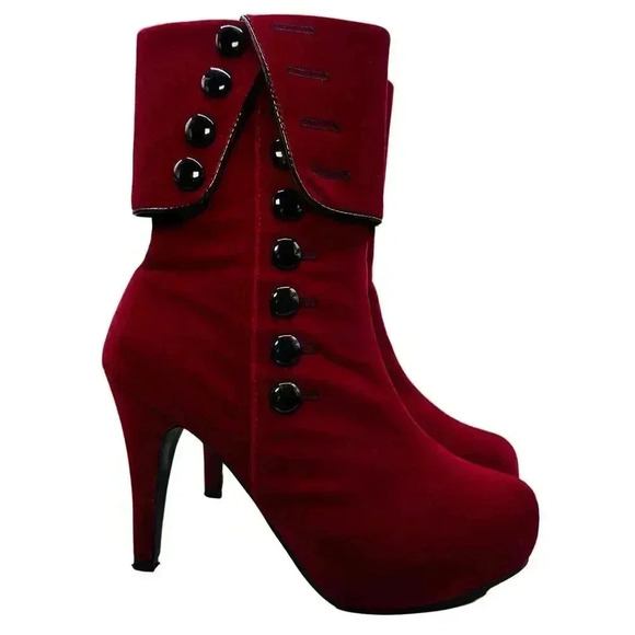 Red Velvet Button-Up Ankle‎ Boots With Fold-Over Design & Stiletto Heels Size 39 - Picture 2 of 16